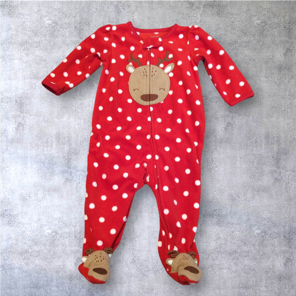 CARTER'S Red Polka Dot Reindeer Christmas One Piece Footed Pajamas 9 Month - Picture 2 of 10